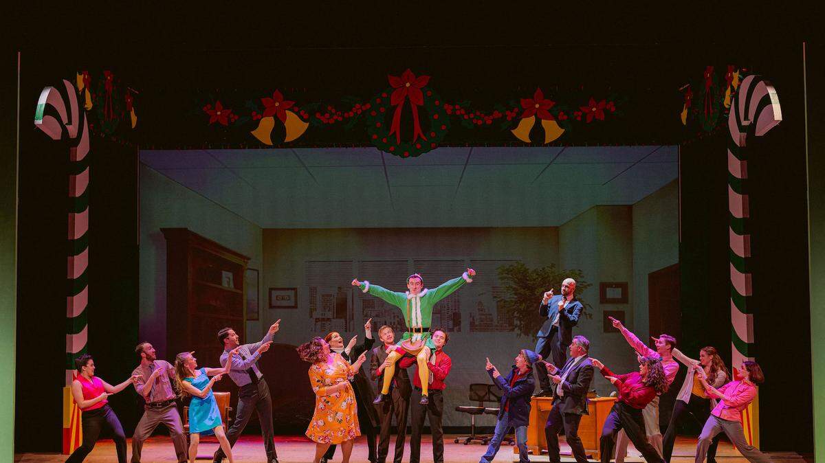 The Cast of Elf, the Musical, on stage in December 2021 at Arts Center of Coastal Carolina on Hilton Head.