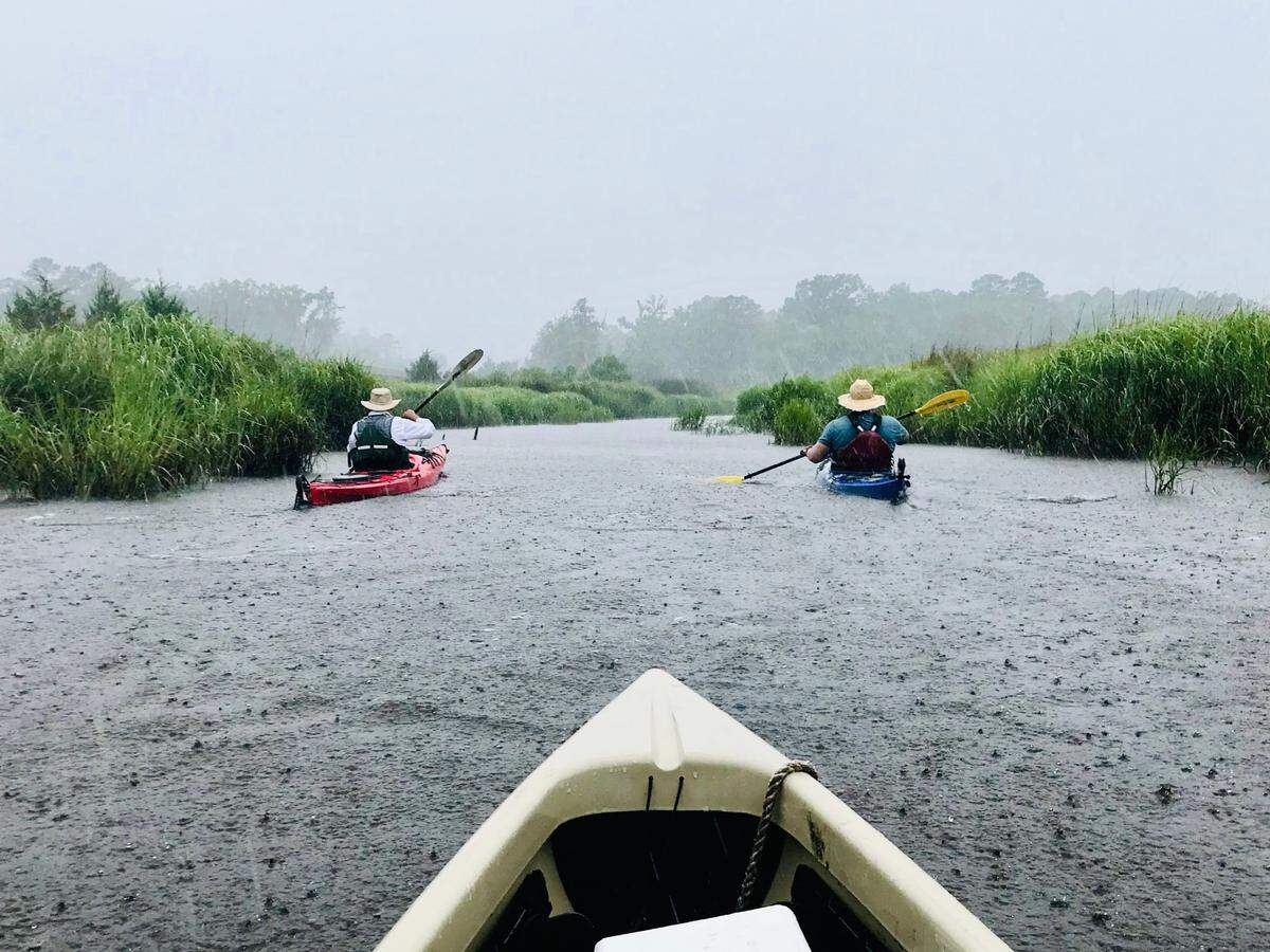 A little bit of weather: Kayakers George Hancock of Beaufort and Tim Brown of Savannah navigate the green maze of former rice fields on the Combahee River beneath a frowning Lowcountry sky and heavy rain. Weather, tide, wind and even alligators can make paddling&nbsp;Cuckolds Creek and the Combahee River a challenge in any season.&nbsp;&nbsp;