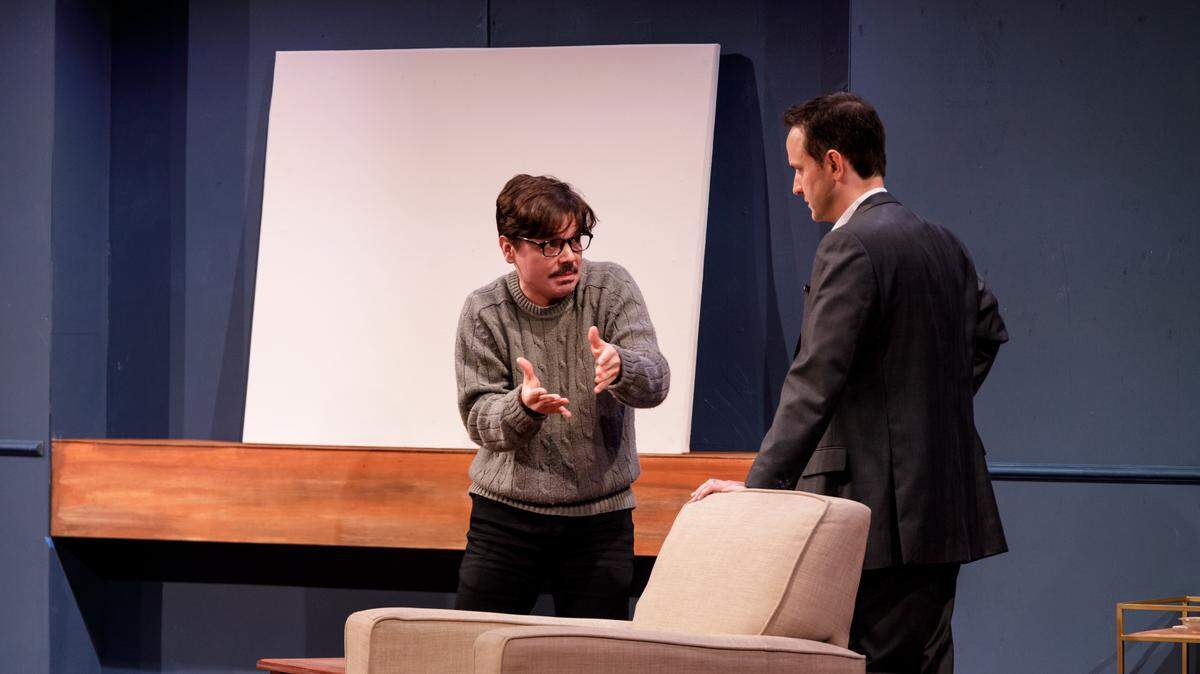 Art Play by Lean Ensemble on Hilton Head, on stage in December 2021, featuring marcus d. harvey as well as Matt Mundy and Blake White, who are shown here. Play by Yasmina Reza, translated by Christopher Hampton, directed by Libby Ricardo.
