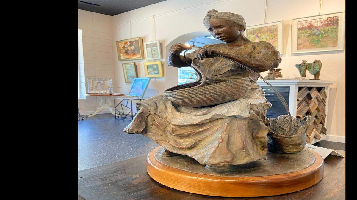 “Basket Weaver,” a 23-by-8-inch sculpture by Texas sculptor and illustrator Glo Coalson, is part of Coalson’s public events Wednesday and Thursday, Sept. 1-2, at Four Corners Fine Art and framing in Bluffton, S.C.