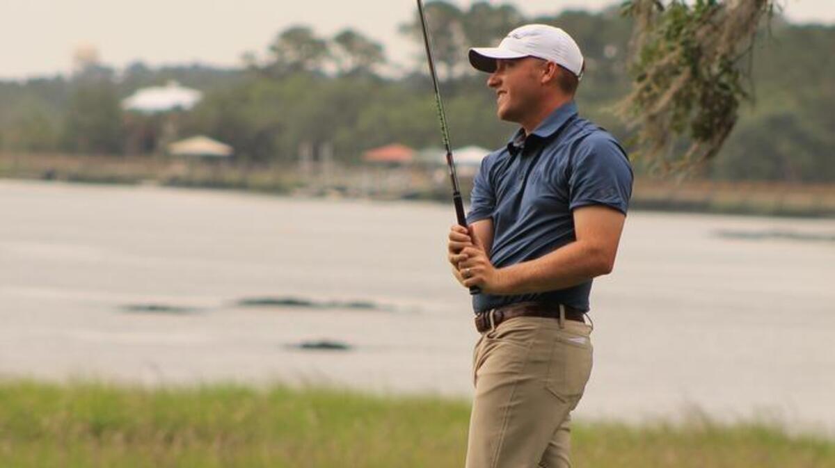 Josh May watches his shot after teeing off during the first round of the South Carolina Open at Dataw Island.