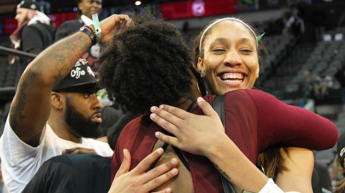 A’ja Wilson celebrates after winning the NCAA Women’s National Championship game at the American Airlines Arena in Dallas in early April.