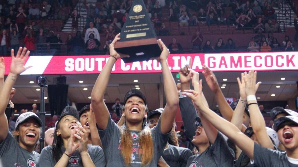 A’ja Wilson and the Gamecocks celebrate their SEC Championship win against Mississippi State on Sunday.