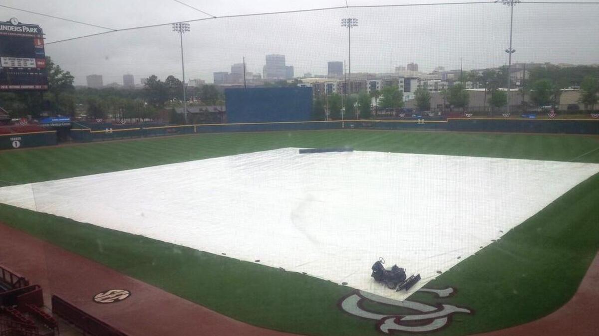 The infield at Founders Park has been under the tarp since Sunday night.