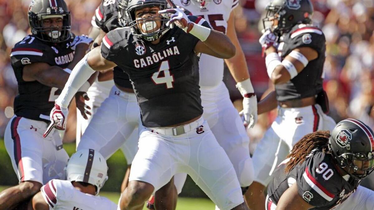 South Carolina Gamecocks linebacker Bryson Allen-Williams (4) celebrates a stop against Texas A&M on Saturday.