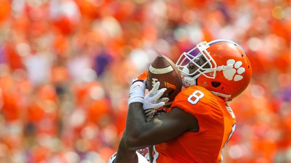 Clemson wide receiver Deon Cain (8) cannot hold on to this long pass during of the first half of their game at Memorial Stadium in Clemson, SC, Saturday.