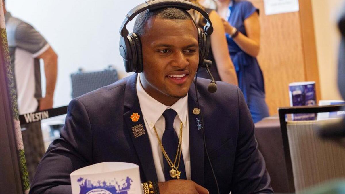 Clemson Tigers quarterback Deshaun Watson speaks with the media during the ACC Football Kickoff at Westin Charlotte. Mandatory Credit: Jeremy Brevard-USA TODAY Sports
