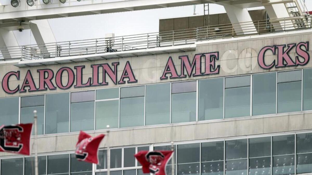 The signage above the press box at Williams-Brice Stadium was damaged Saturday by the winds of Hurricane Matthew.
