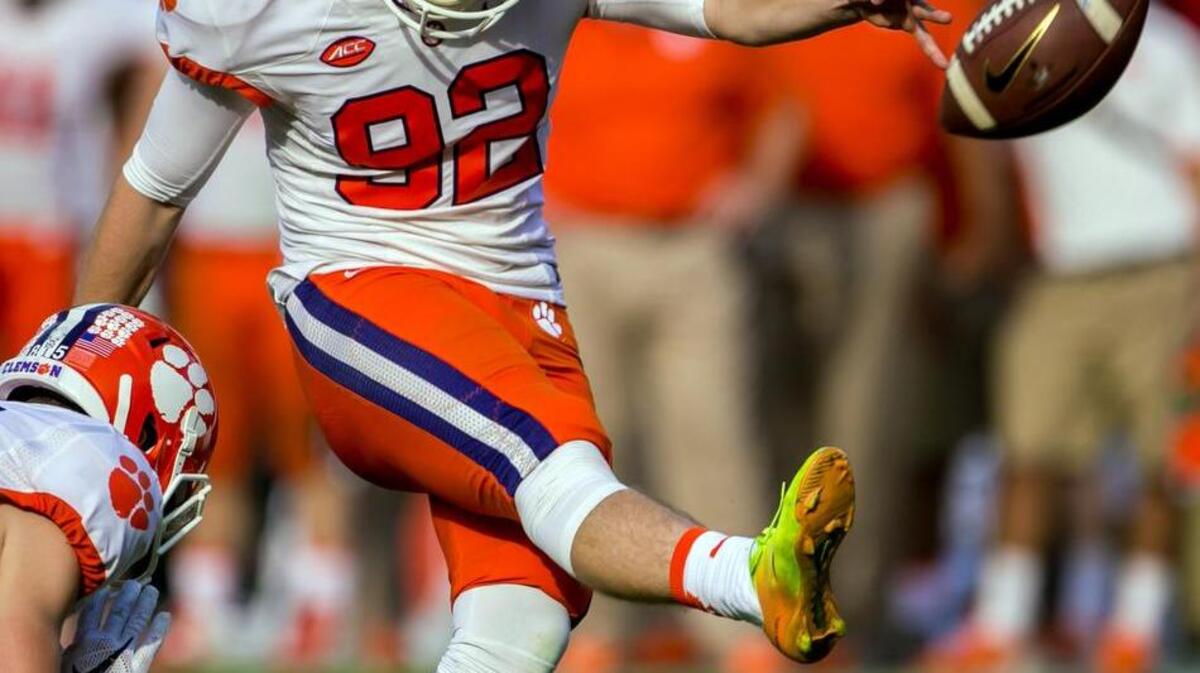 Nov 28, 2015; Columbia, SC, USA; Clemson Tigers place kicker Greg Huegel (92) miss an extra point against the South Carolina Gamecocks in the second half of the game at Williams-Brice Stadium. Mandatory Credit: Jeff Blake-USA TODAY Sports