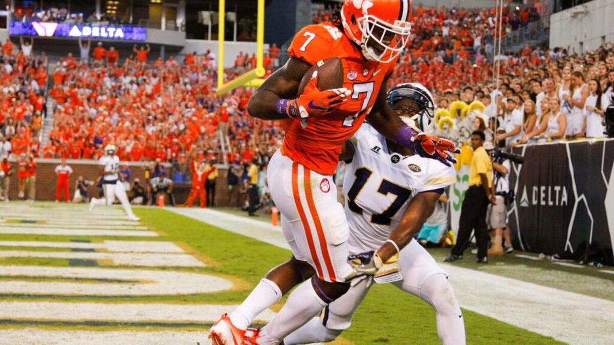 Clemson wide receiver Mike Williams (7) catches a touchdown pass over Georgia Tech defensive back Lance Austin (17) in the first quarter at Bobby Dodd Stadium.