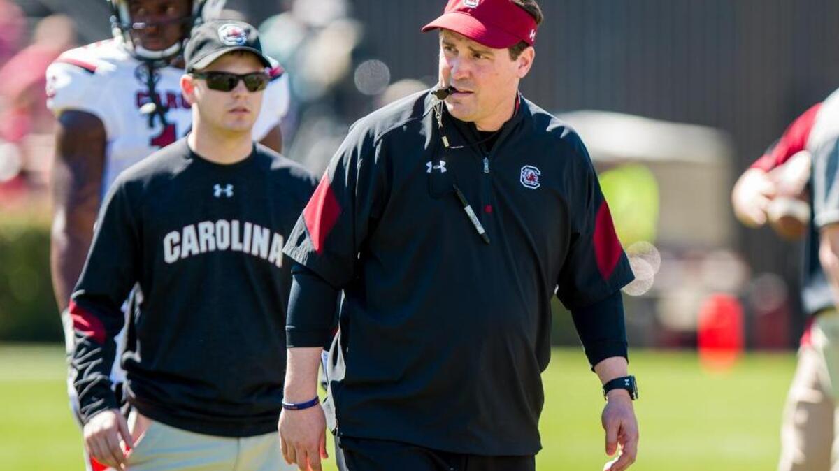 South Carolina Gamecocks head coach Will Muschamp directs his team before the USC Spring Game at Williams-Brice Stadium.
