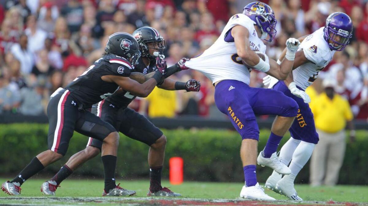 South Carolina safeties Steven Montac (22) and D.J. Smith (24)