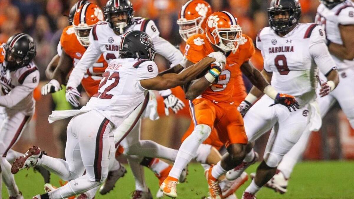 Clemson wide receiver Artavis Scott (3) tries to get past South Carolina defensive back Steven Montac (22) during their game last month.