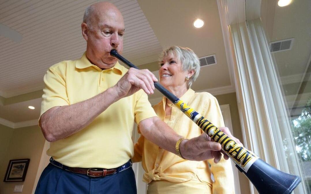 Hilton Head Islanders Bill and Jan Raisch are Michigan alums and big fans — and have recently acquired a giant horn that is used to make some noise during Michigan games at local bars during college football season.