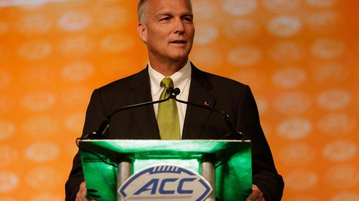 Miami coach Mark Richt speaks to the media Thursday in Charlotte.