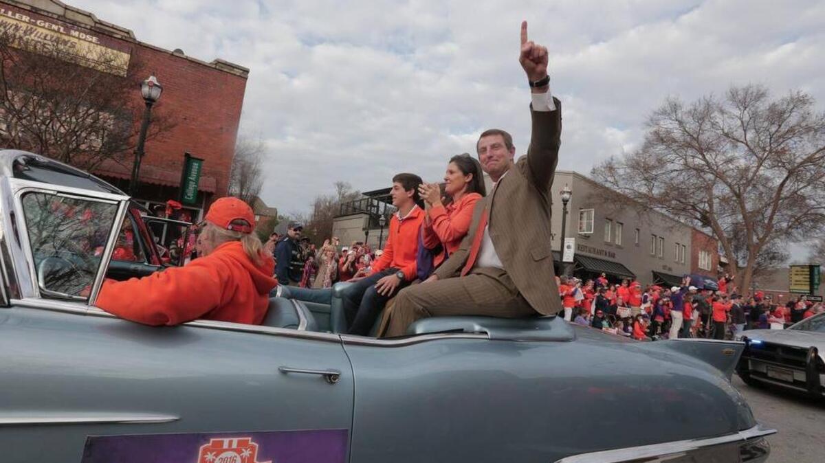 Dabo Swinney and the national champion Clemson football team paraded down the street of Clemson on Saturday.