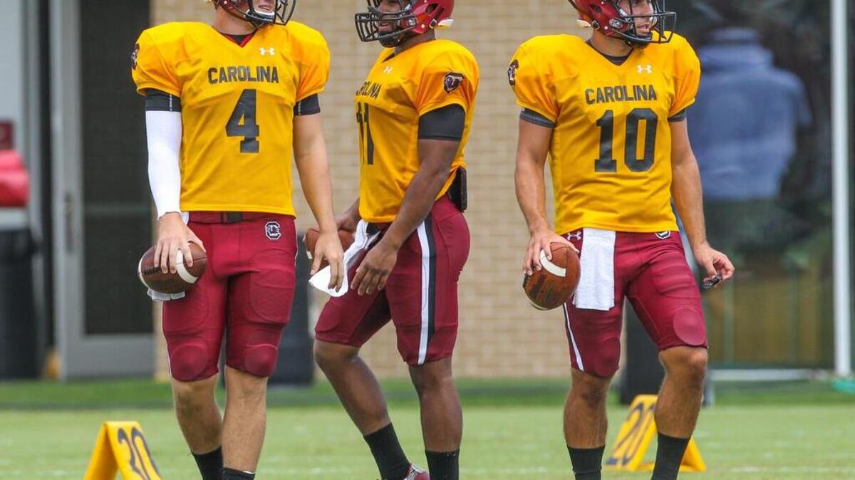 South Carolina quarterbacks Jake Bentley (4), Brandon McIlwain (11) and Perry Orth (10)
