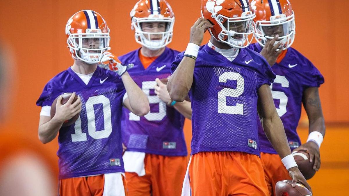 Clemson quarterbacks Tucker Israel (10), Hunter Johnson (15), Kelly Bryant (2) and Zerrick Cooper (6) during the first day of spring football practice.