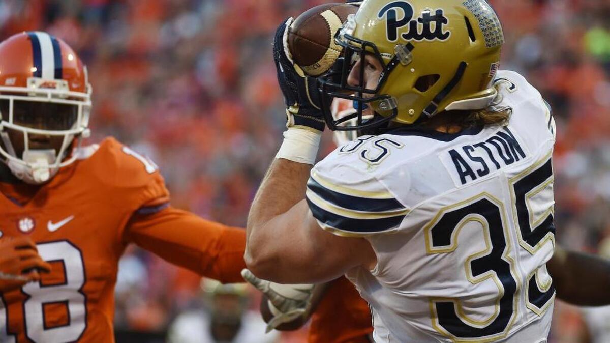 Pitt fullback George Aston catches a touchdown pass during the win over Clemson on Saturday.