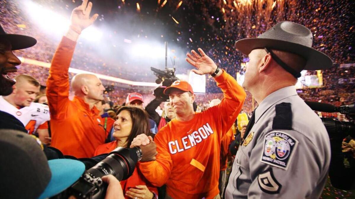 Clemson Tigers head coach Dabo Swinney celebrates after winning the National Championship