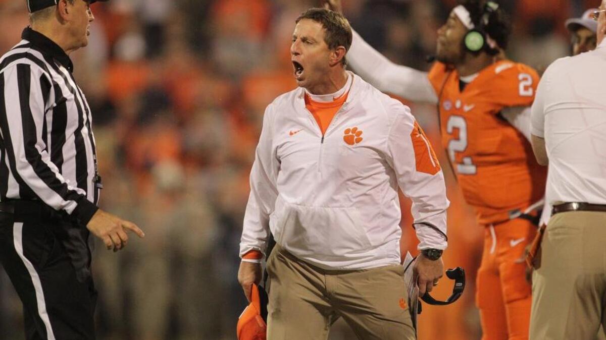 Clemson head coach Dabo Swinney has some words with an official during the game against South Carolina on Saturday.