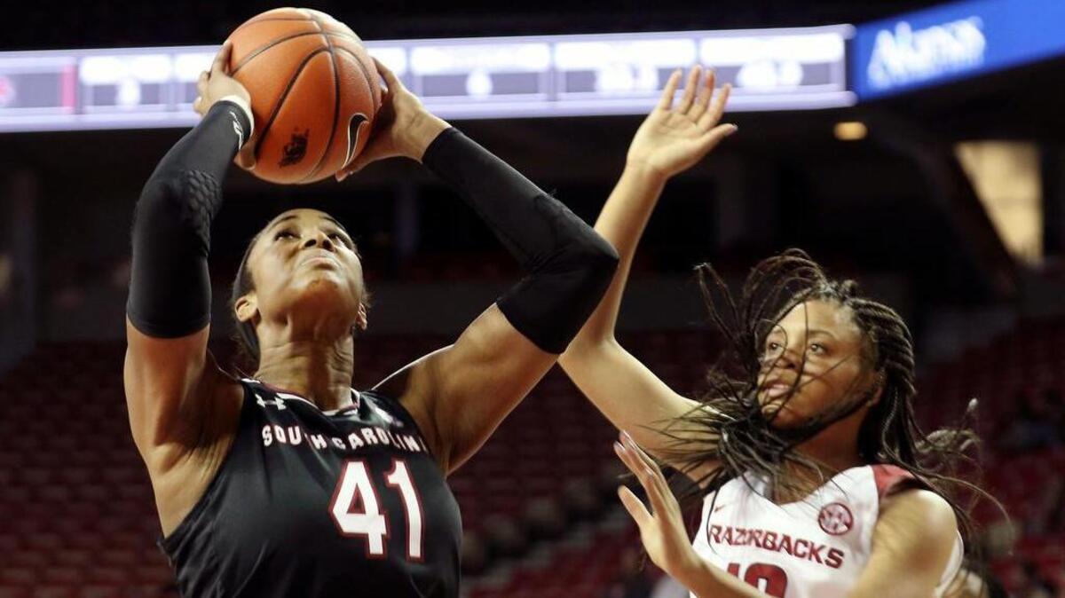 South Carolina’s Alaina Coates got her 14th double-double of the season Sunday against Arkansas.