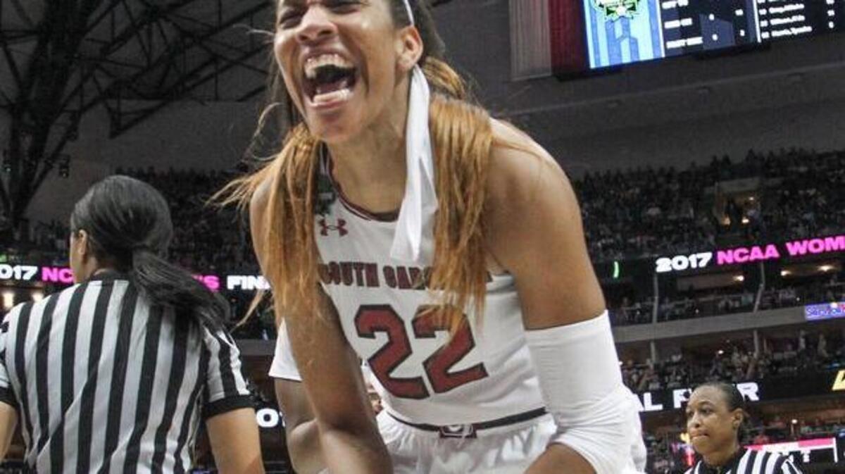 South Carolina's A'ja Wilson (22) celebrates during the second half of action in the NCAA Women's National Championship Semifinal win over Stanford on Friday at the American Airlines Arena in Dallas.