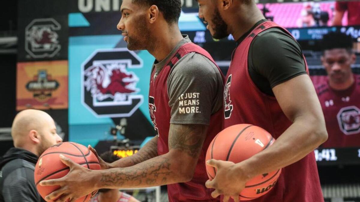 Sindarius Thornwell and Justin McKie at Friday’s Final Four practice at the University of Phoenix Stadium.