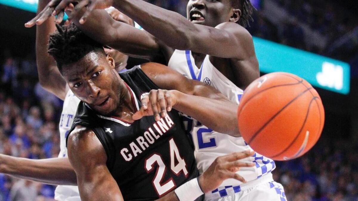 South Carolina Gamecocks forward Sedee Keita (24) fights for a rebound against Kentucky Wildcats forward Wenyen Gabriel (32) at Rupp Arena.