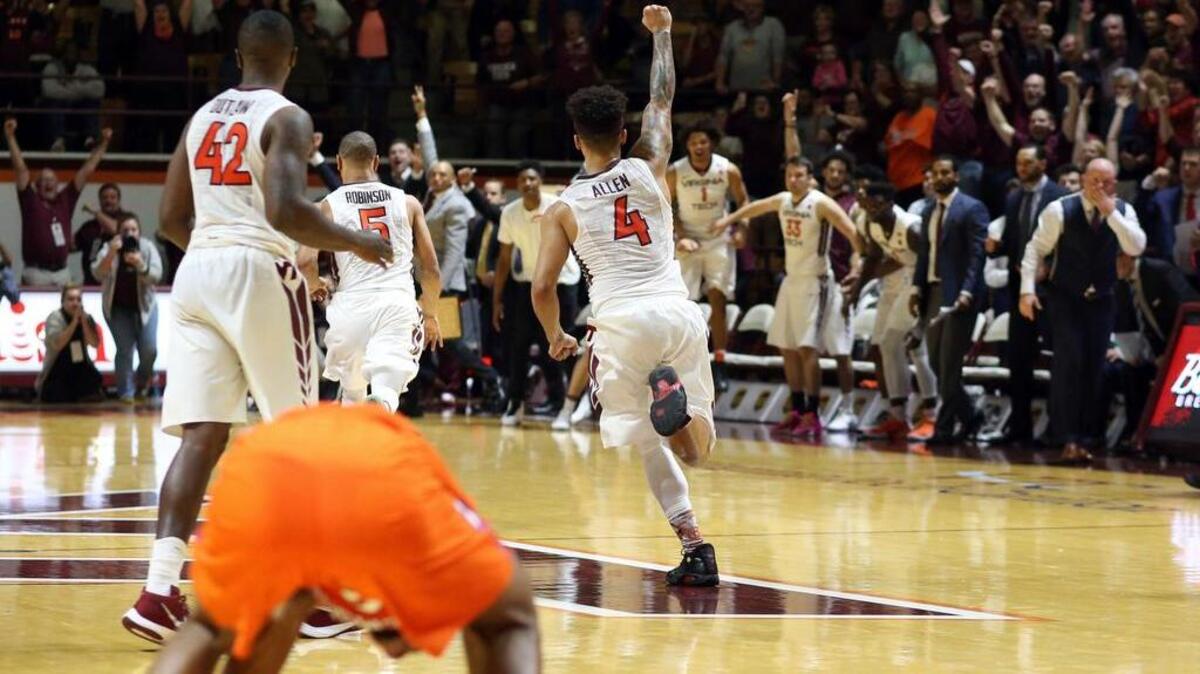 Virginia Tech's Seth Allen (4) and teammates celebrate the team's 71-70 win over Clemson in an NCAA college basketball game Tuesday, Feb. 21, 2017, in Blacksburg, Va.