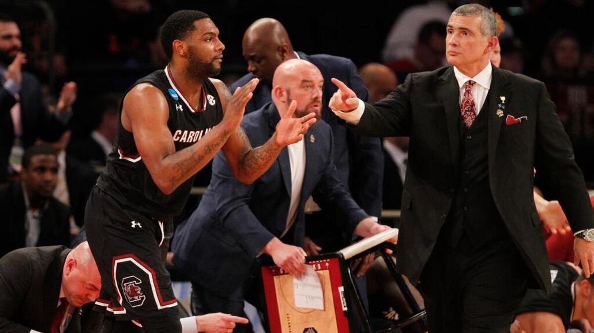 South Carolina Gamecocks guard Sindarius Thornwell (0) cheers from the bench in the first half of their NCAA Tournament game against Baylor inside Madison Square Garden in New York.
