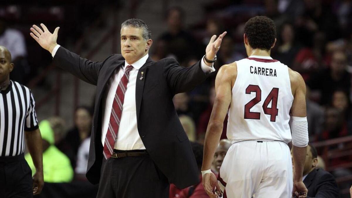 South Carolina head coach Frank Martin reacts to a call during the Gamecocks game against Georgia Tech in the second round of the NIT at Colonial Life Arena, Monday, March 21, 2016.
