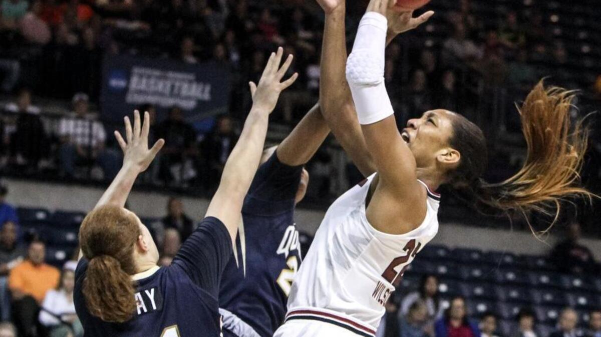 South Carolina's A'ja Wilson (22) shoots over Quinnipiac's Jen Fay (21) during the NCAA Tournament game Saturday at the Stockton Arena in Stockton, Calif.