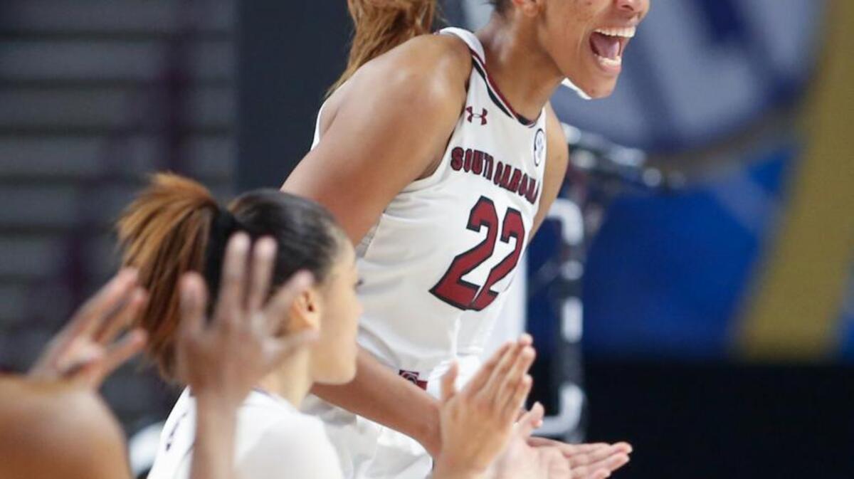 South Carolina's A'ja Wilson (22) reacts to a foul called on Mississippi State during the first half of action in the championship game of the SEC Tournament at Bon Secours Wellness Arena in Greenville.
