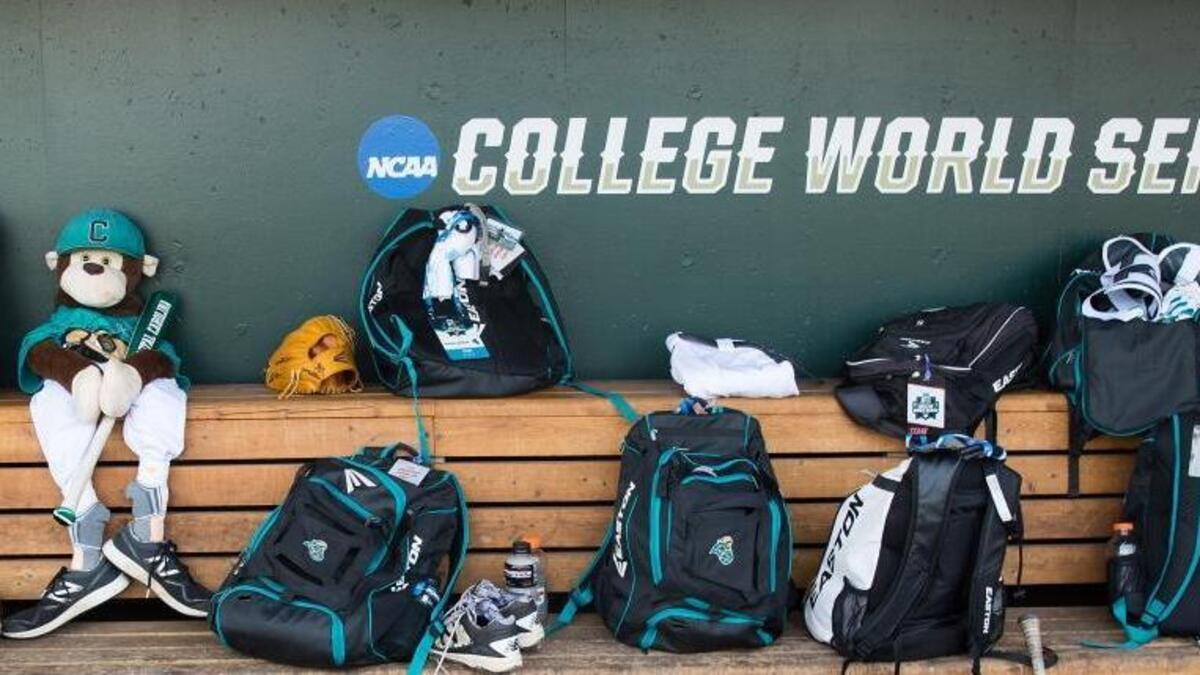 Coastal Carolina’s stuffed monkey, Rafiki, the team’s good luck charm, watches over their equipment during Friday’s practice.