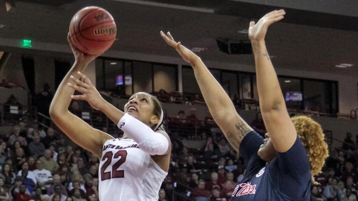 A’ja Wilson shoots as Ole Miss’ Taylor Manuel defends Wednesday.