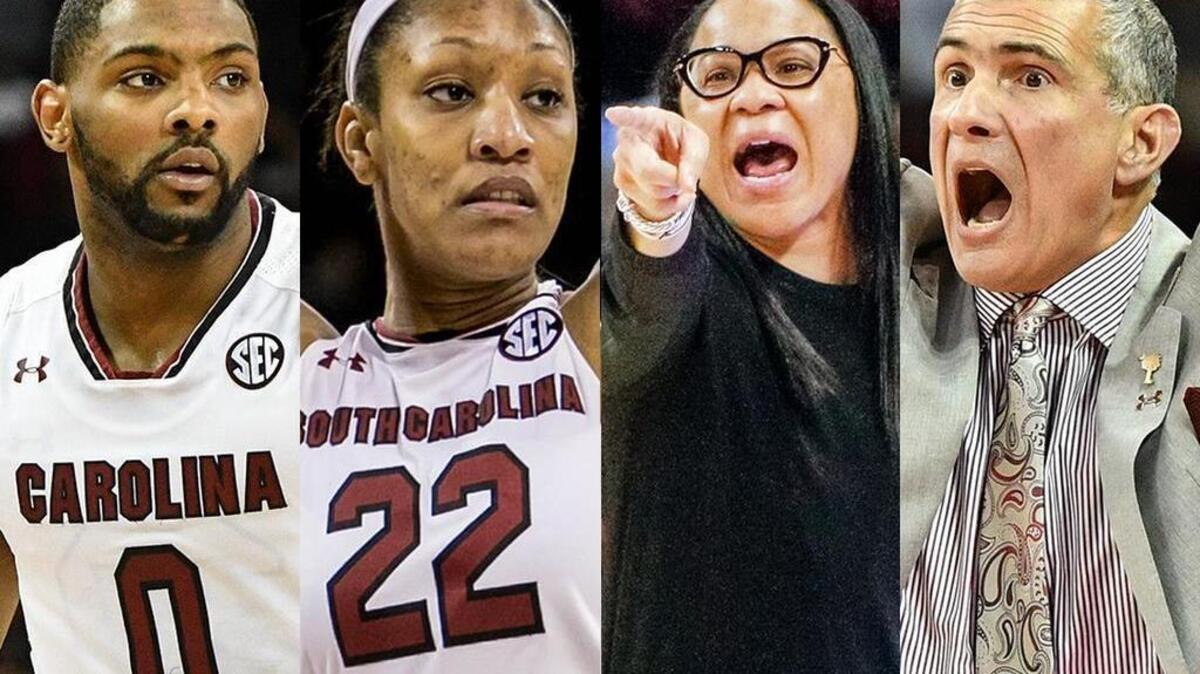 From left: Sindarius Thornwell, A’ja Wilson, Dawn Staley, Frank Martin