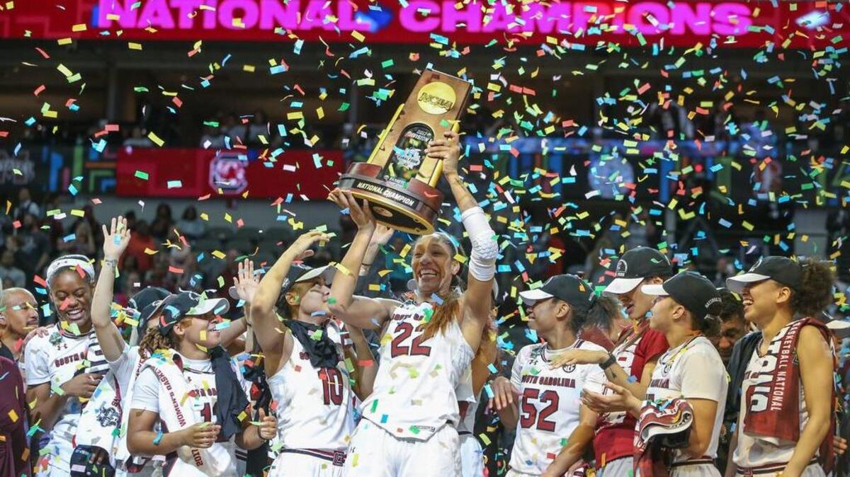 The Gamecocks celebrate after beating Mississippi State to win the NCAA National Championship game at the American Airlines Arena in Dallas.