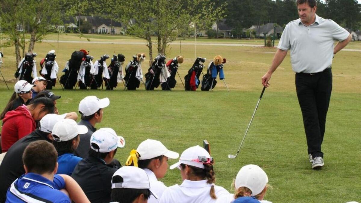 Hall of Famer Nick Faldo holds court with IJGA students at the start of Heritage Week. The IJGA recently reached a partnership agreement with the Faldo Series global junior circuit.