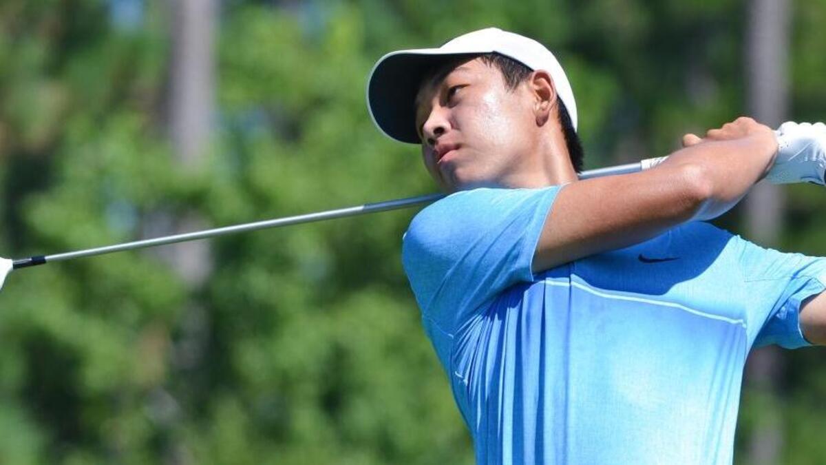 Cheng Jin tees off on No. 1 during the third round of the Players Am golf tournament at Berkeley Hall's South Course. Jin ended the day in first place at 11-under-par, three shots ahead of Davis Riley.