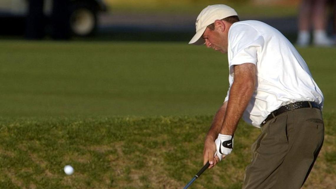 Stewart Cink hits out of a waste bunker on the 16th fairway during his fifth extra hole with Ted Purdy at the 2004 Heritage. Cink, who had removed some loose stones before hitting the ball, had his shot reviewed later, and it was ruled he had not violated any rules. Cink won the tournament.