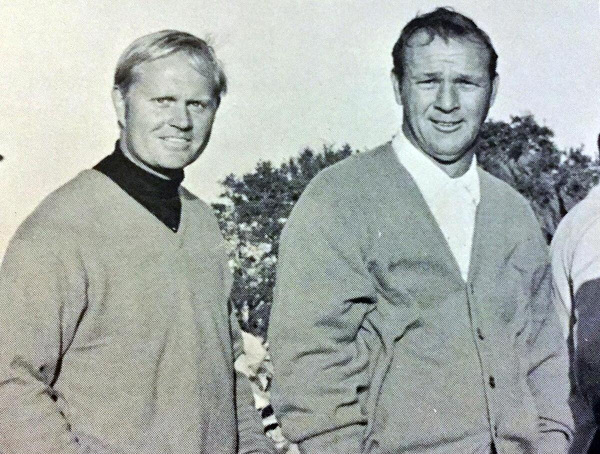 Jack Nicklaus, left, and Arnold Palmer pose for a photo on the 18th hole of Harbour Town Golf Links in Sea Pines on Hilton Head Island in this photo from the 1970 "Islander" produced by the Chamber of Commerce.