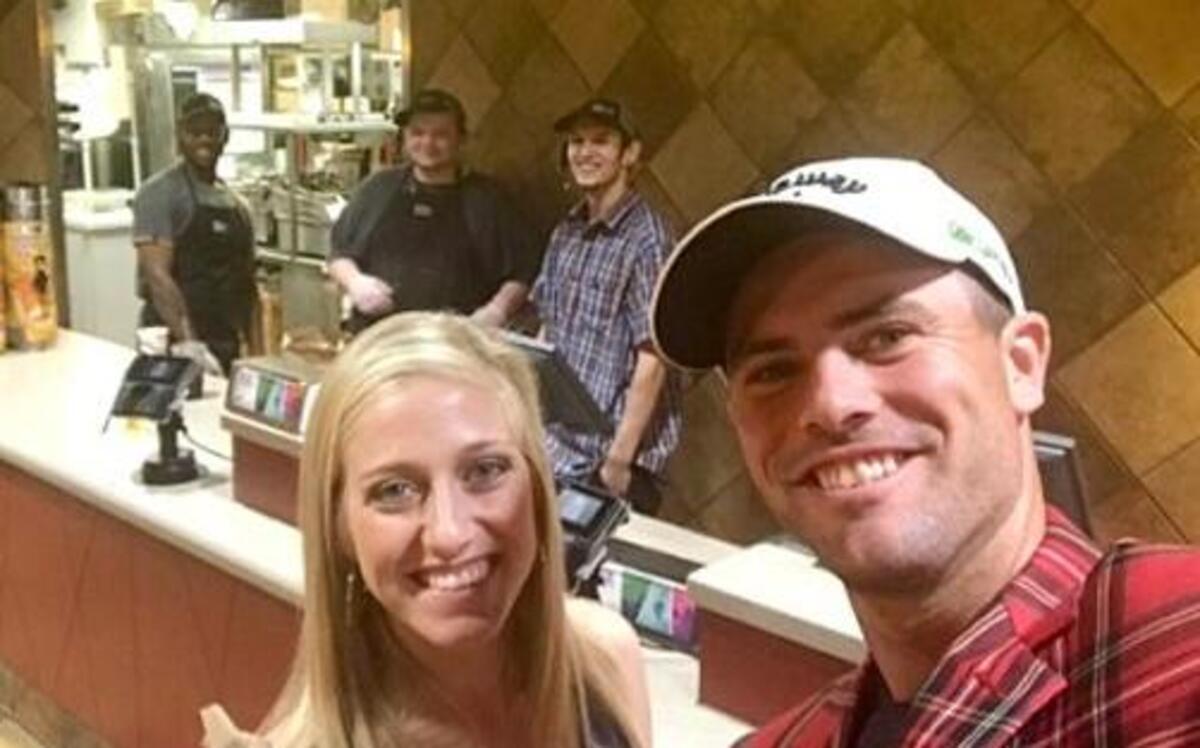 A screen capture of 2017 RBC Heritage winner Wesley Bryan’s Twitter account, in this selfie with his wife, as he sports his winning Tartan jacket at a Taco Bell restaurant in Augusta, Ga.