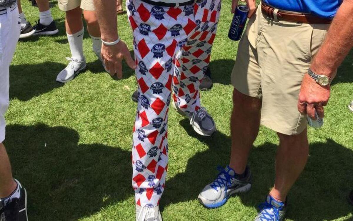 Todd Gay of Dublin, Ga., a one-legged golfer, drew a crowd with his Pabst Blue Ribbon pants at the pro-am Wednesday.