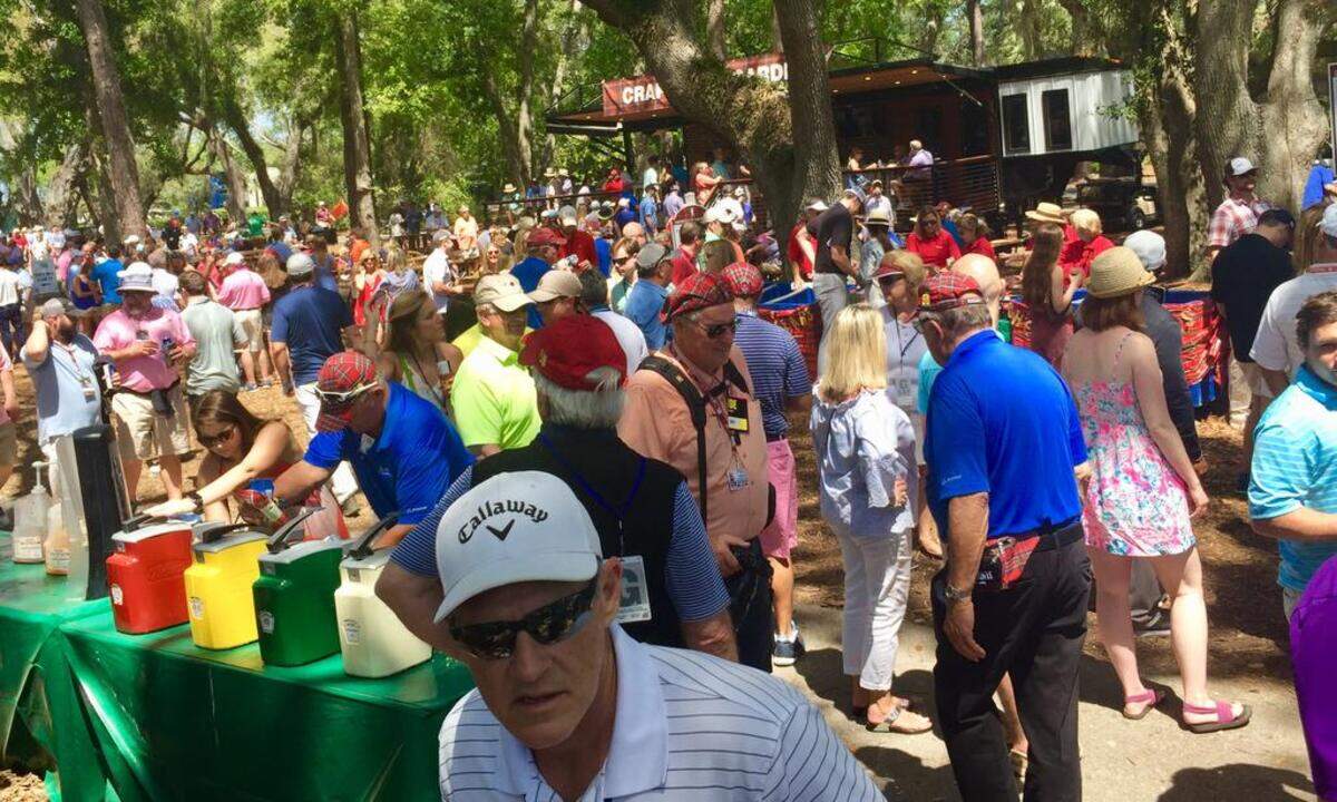 Large crowd gathers behind the 15th green at Harbour Town Golf Links on Hilton Head Island, S.C., during the RBC Heritage Presented by Boeing PGA Tour event.