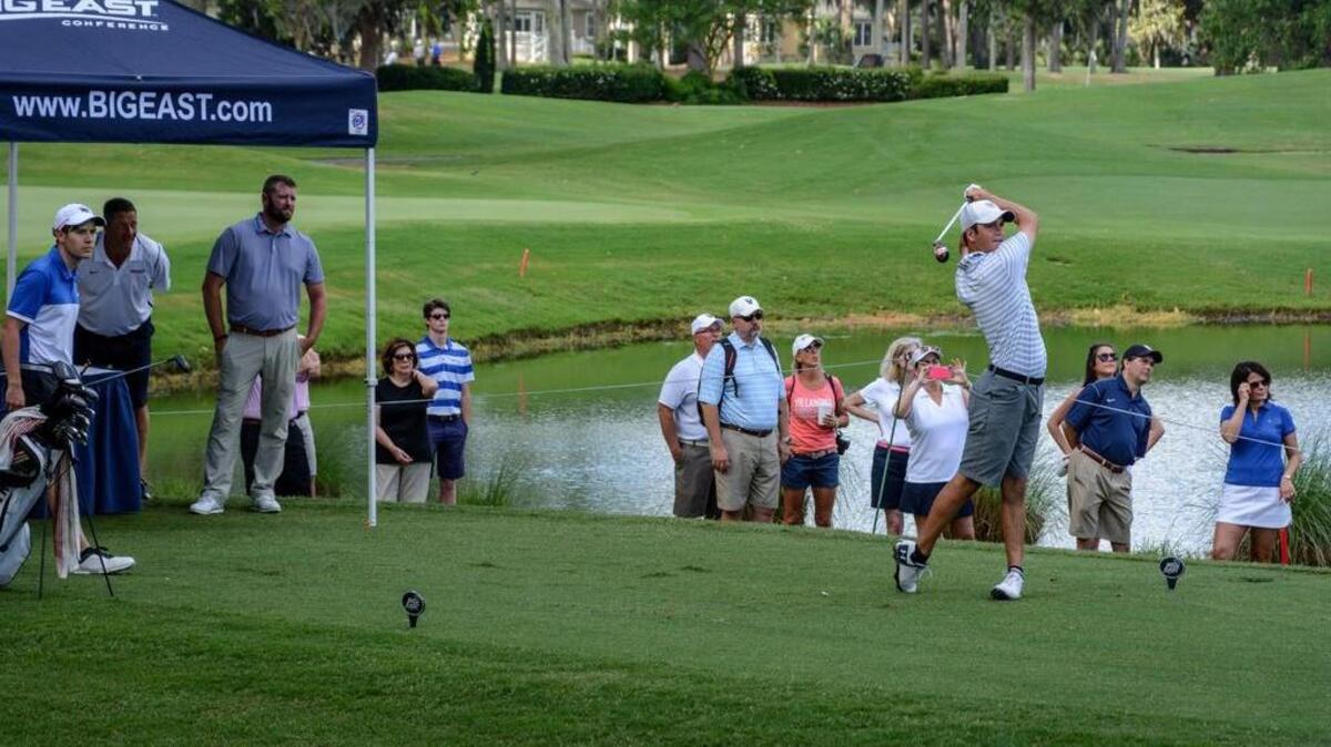 A player tees off during the second round of the Big East Men’s Tournament on Monday on Callawassie Island.