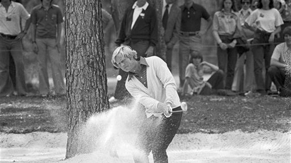 Jack Nicklaus blasts from the trap on the 10th green on the way to continuing his lead in the Heritage Golf Classic at Hilton Head Island, S.C., March 28, 1975. Nicklaus will be in Bluffton this weekend to visit his design at May River Golf Club in Palmetto Bluff in Bluffton.