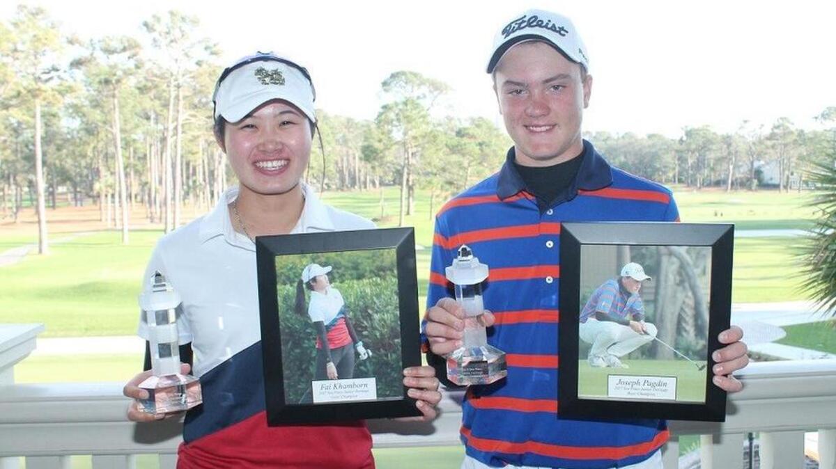 IJGA student Fai Khamborn, left, was a runaway winner in the girls’ division of the Sea Pines Junior Heritage, while Orlando’s Joseph Pagdin had to wait out a one-shot triumph on Sunday.