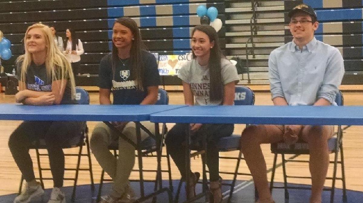 Softball players Michaela Manley (Coastal Georgia) and Taylor Gleason (Charleston Southern), gymnast Ona Loper (Minnesota) and swimmer Erek Nelson (Towson) became May River’s first class of athletic signings on Wednesday.