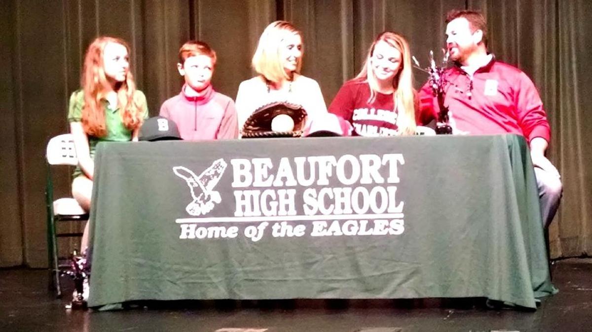 Softball player Savannah Mullen (second from right) will go from Beaufort High, where her dad also was a standout athlete, to the College of Charleston, where her mom was a cheerleader.